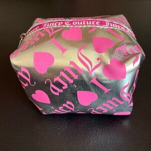 NWOT Juicy Couture Silver Foil and Pink Hearts & Logo Cosmetic Bag